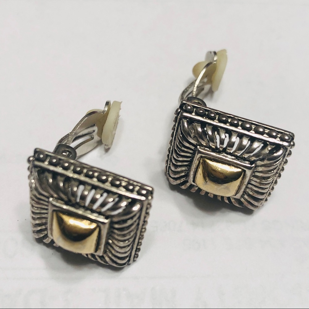 Clip-Ons: Gold & Silver Square Earrings - Picture 7 of 8